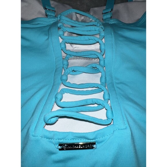 Michael Kors Womens 10 Light blue 1 Piece Bathing Suit Lace up Back Logo Tag - Picture 8 of 10
